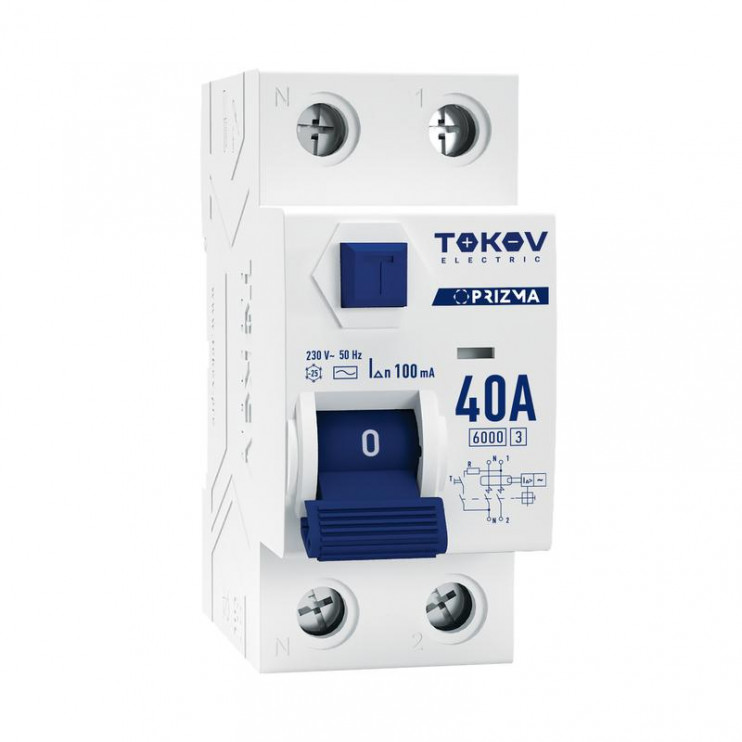Выключатель дифференциального тока (УЗО) 2п (1P+N) 40А 100мА тип AC 6кА PRIZMA TOKOV Electric TKE-PZ60-RCDM-2-40-100-AC