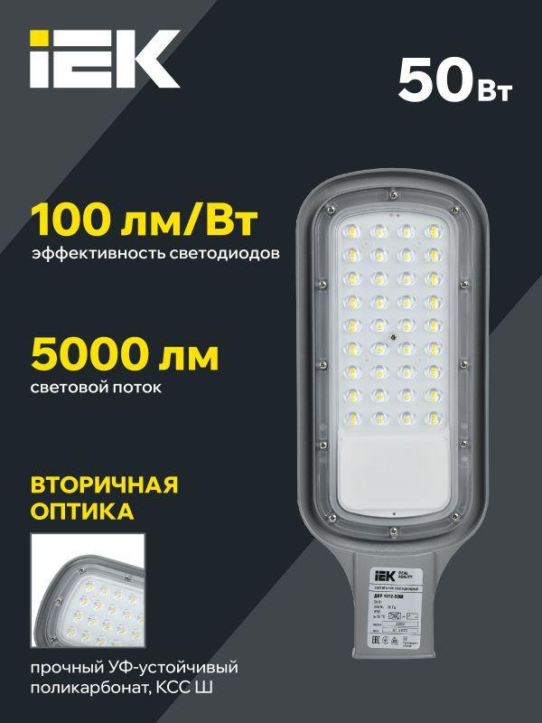 Светильник светодиодный ДКУ 1012-50Ш 5000К IP65 уличный консольный сер. IEK LDKU1-1012-050-5000-K03