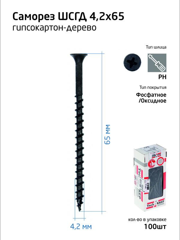 Саморез гипсокартон-дерево 4.2х65 (коробка) (уп.100шт) Tech-Krep/Zitar 102126